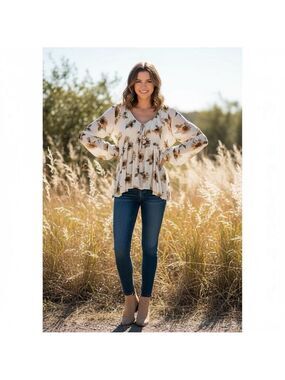 Altar’d State Sunflower Print Babydoll Peasant Long Sleeve Blouse – Size Small